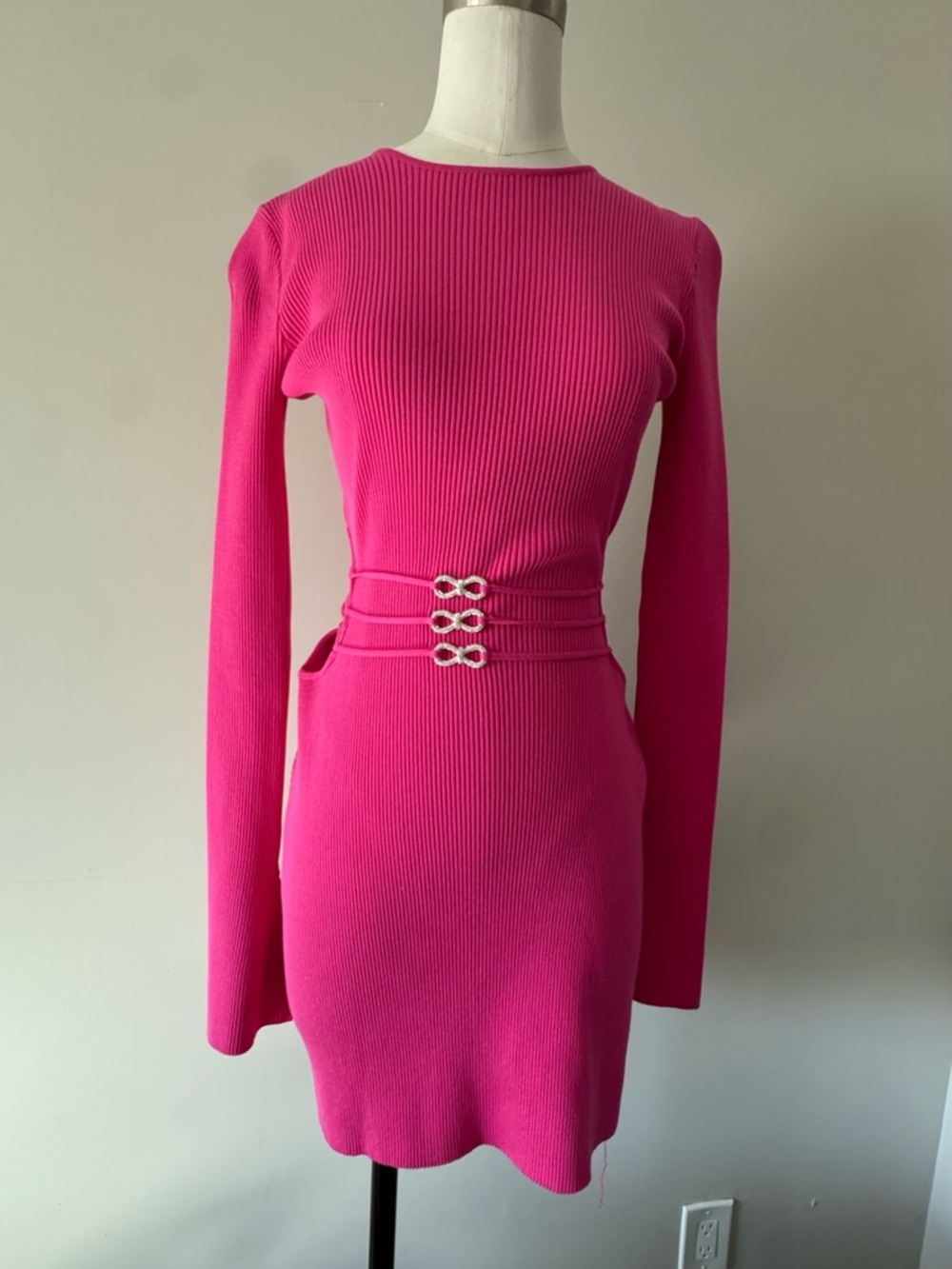 Mach & Mach Hot Pink Long-Sleeve Ribbed Mini Dress with Decorative Waist Detail